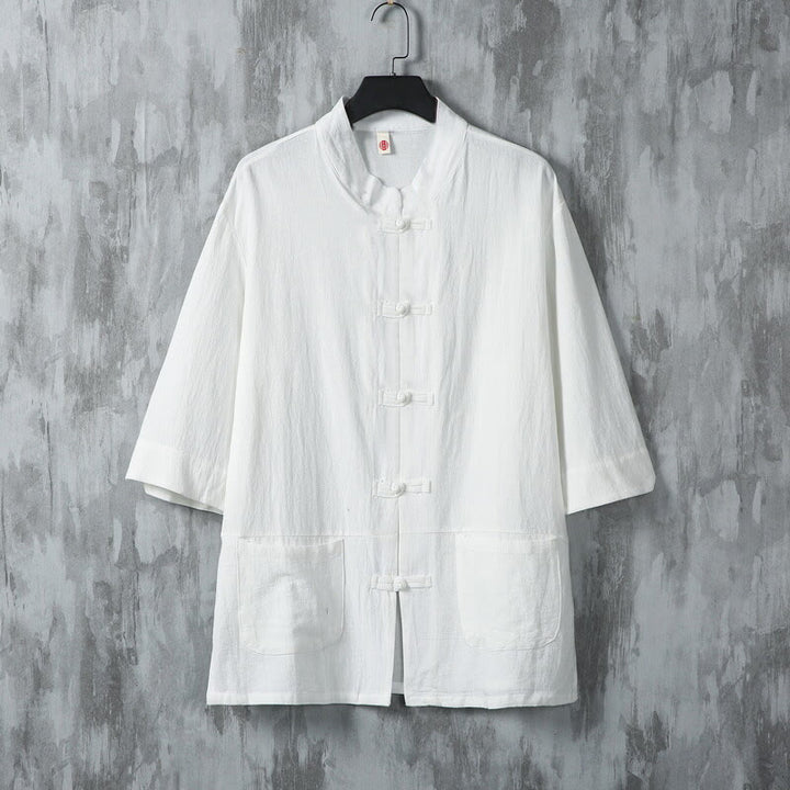 Buddha Stones Solid Color Tang Suit Frog-Button Design Men's Half Sleeve Linen Shirt With Pockets