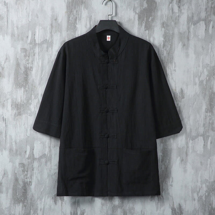 Buddha Stones Solid Color Tang Suit Frog-Button Design Men's Half Sleeve Linen Shirt With Pockets - Black - US/UK/AU46，EU56 (5XL) - image 7