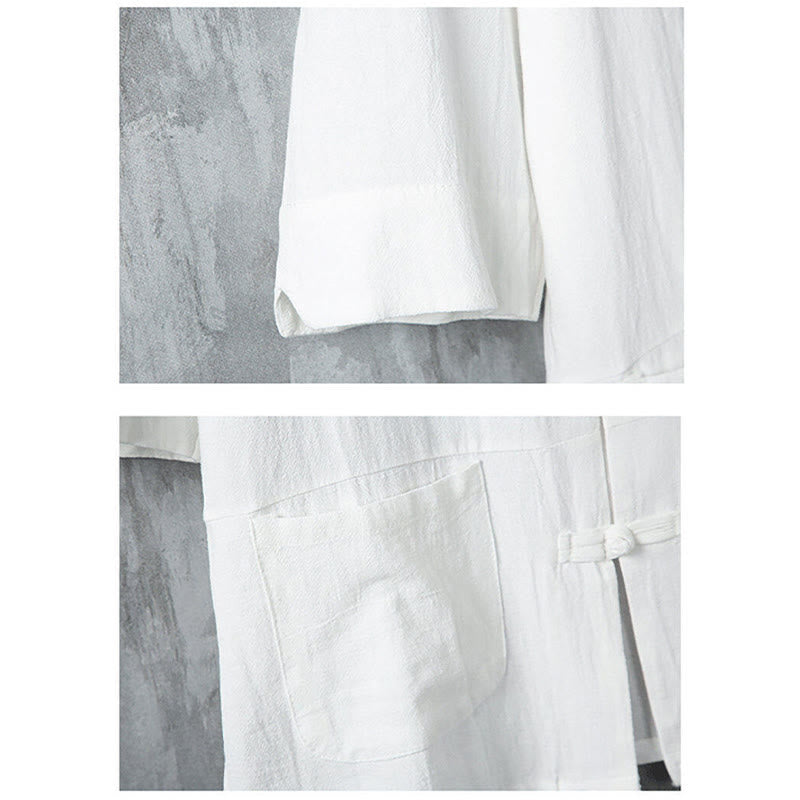 Buddha Stones Solid Color Tang Suit Frog-Button Design Men's Half Sleeve Linen Shirt With Pockets