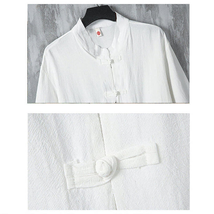 Buddha Stones Solid Color Tang Suit Frog-Button Design Men's Half Sleeve Linen Shirt With Pockets - image 4