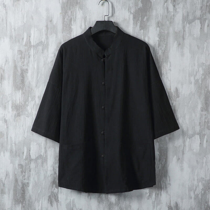 Buddha Stones Summer Solid Color Tang Suit Design Men's Half Sleeve Linen Shirt With Pockets - Black - US/UK/AU46，EU56 (5XL) - image 7