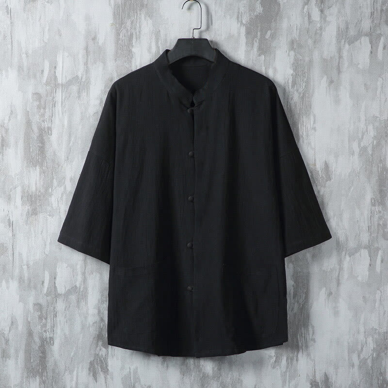 Buddha Stones Summer Solid Color Tang Suit Design Men's Half Sleeve Linen Shirt With Pockets - Black - US/UK/AU46，EU56 (5XL) - image 7