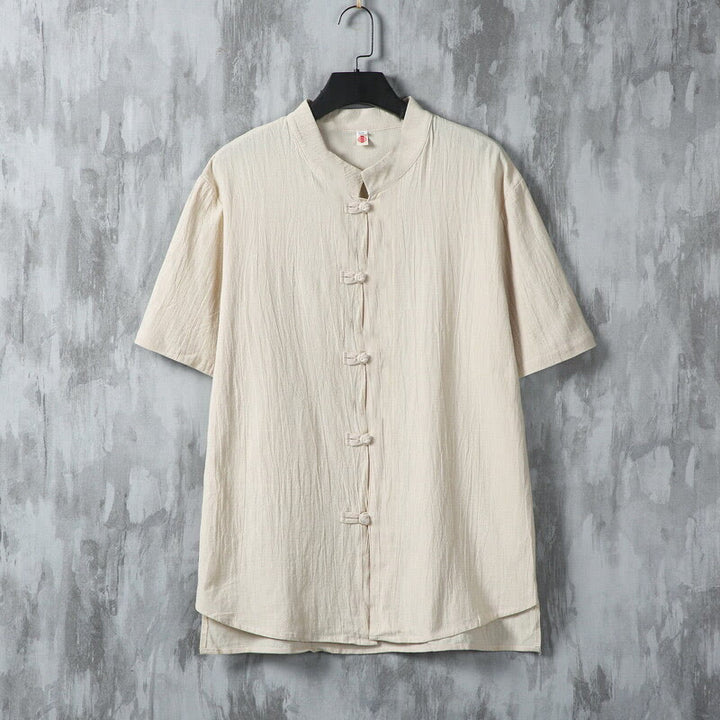 Buddha Stones Summer Plain Tang Suit Frog-Button Design Men's Short Sleeve Cotton Shirt - Linen - US/UK/AU46，EU56 (5XL) - image 0