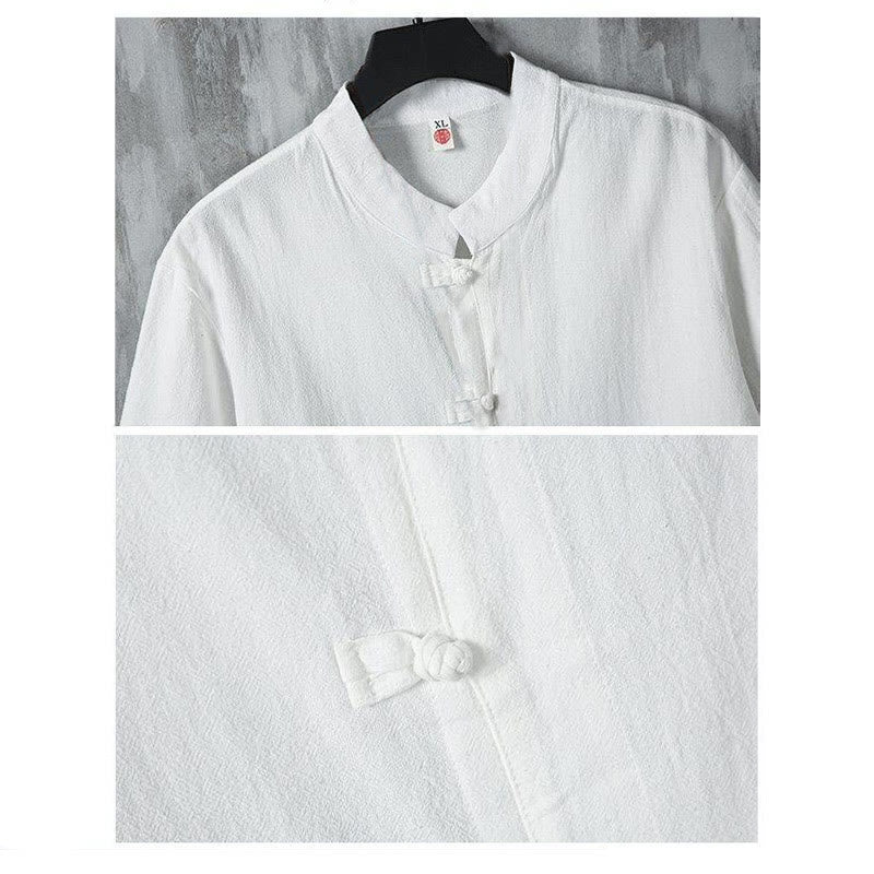 Buddha Stones Summer Plain Tang Suit Frog-Button Design Men's Short Sleeve Cotton Shirt - image 5