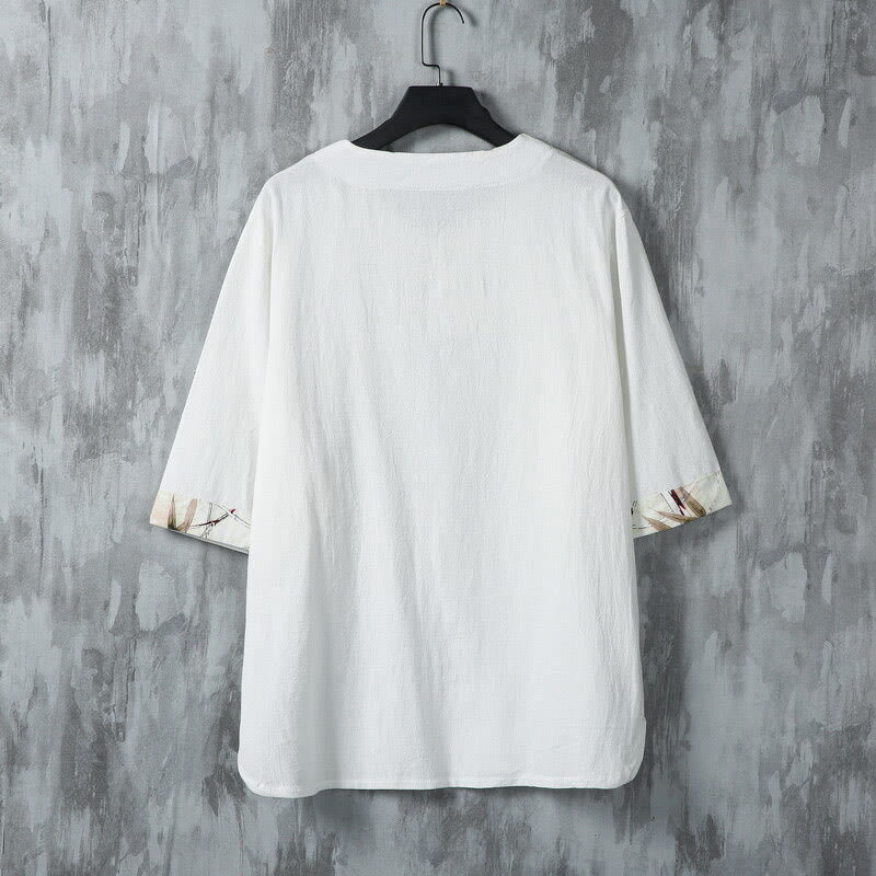 Buddha Stones Summer Frog-Button Yellow Bamboo Leaves Half Sleeve Men's Linen Shirt - image 2