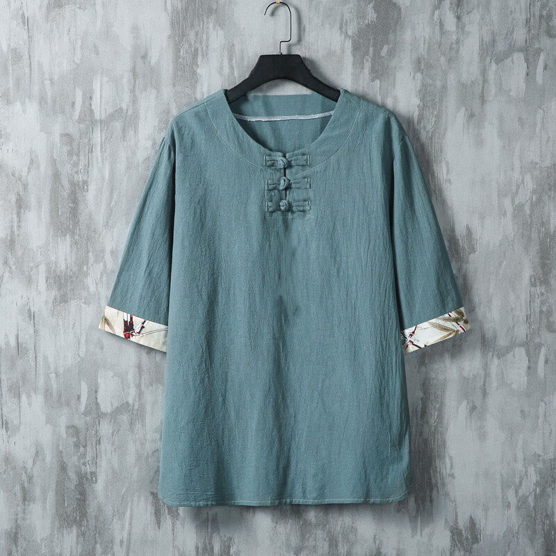 Buddha Stones Summer Frog-Button Yellow Bamboo Leaves Half Sleeve Men's Linen Shirt - DarkCyan - US/UK/AU46，EU56 (5XL) - image 0