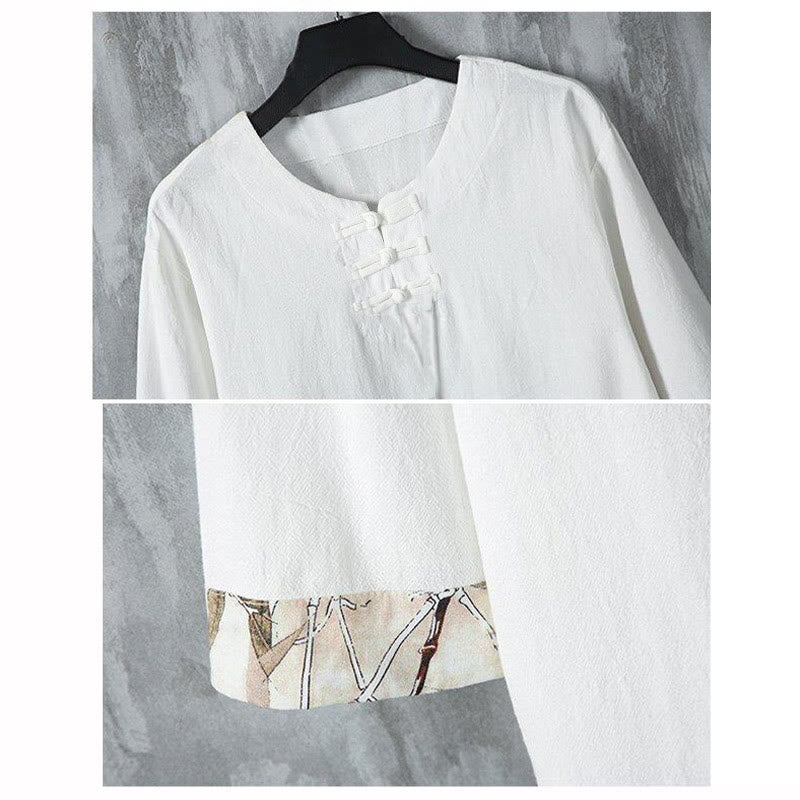 Buddha Stones Summer Frog-Button Yellow Bamboo Leaves Half Sleeve Men's Linen Shirt - image 4