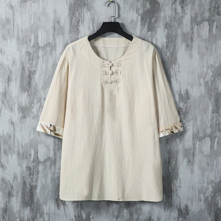 Buddha Stones Summer Frog-Button Yellow Bamboo Leaves Half Sleeve Men's Linen Shirt - Linen - US/UK/AU46，EU56 (5XL) - image 7