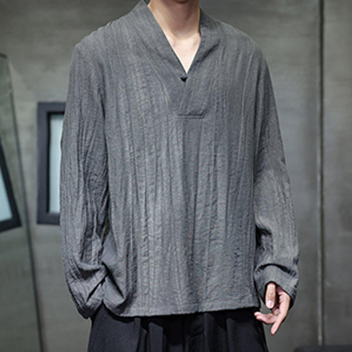 Buddha Stones Plain V-Neck Long Sleeve Men's Linen Shirt - image 7