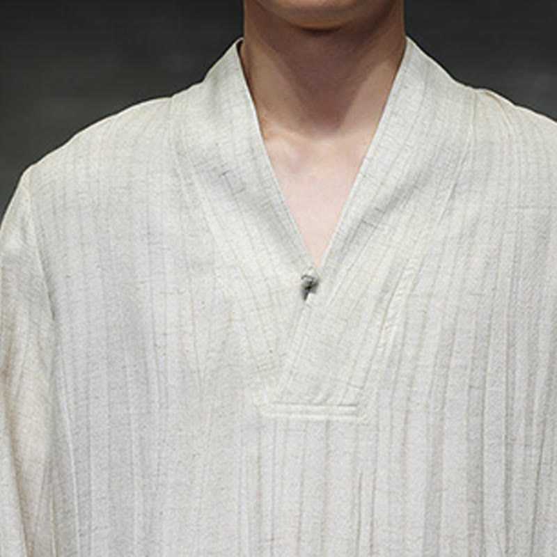 Buddha Stones Plain V-Neck Long Sleeve Men's Linen Shirt - image 17