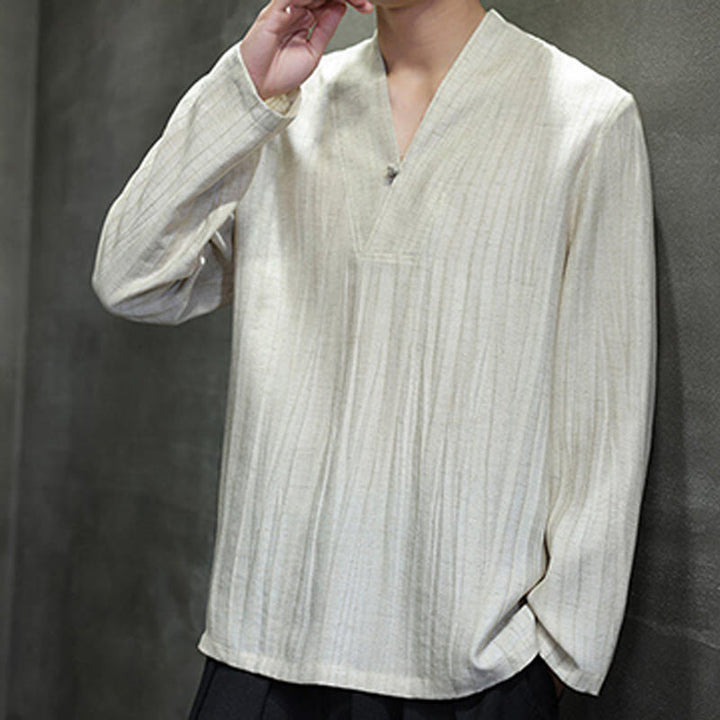 Buddha Stones Plain V-Neck Long Sleeve Men's Linen Shirt - image 16