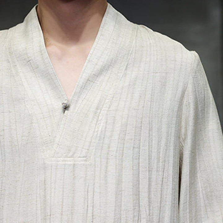 Buddha Stones Plain V-Neck Long Sleeve Men's Linen Shirt - image 18