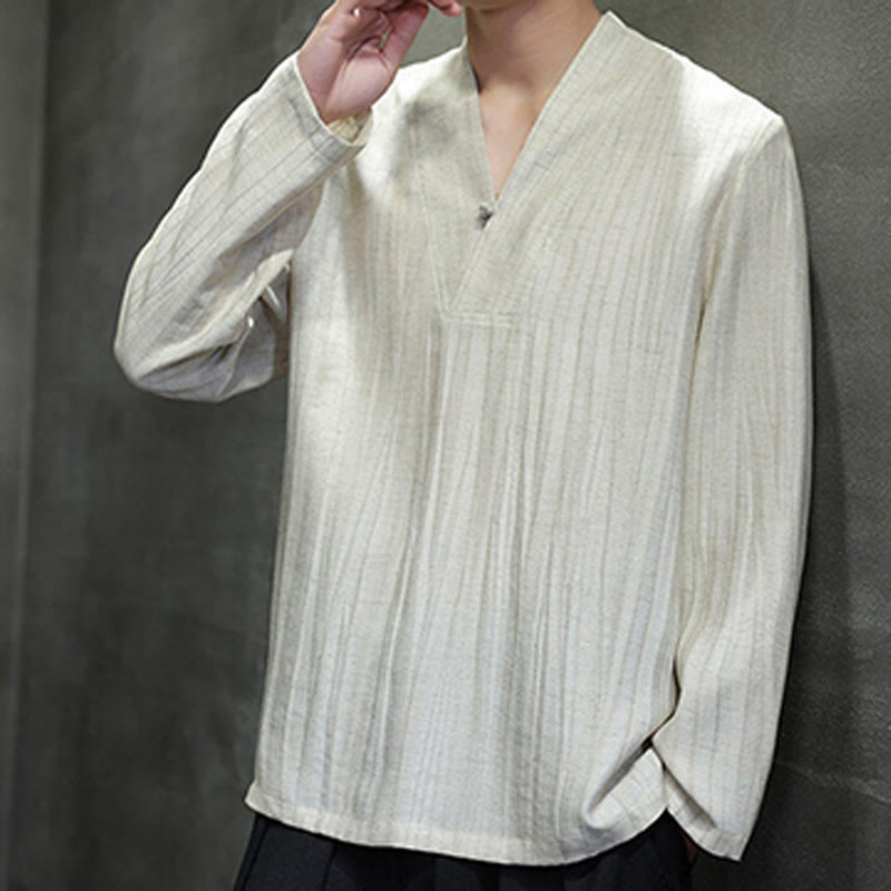Buddha Stones Plain V-Neck Long Sleeve Men's Linen Shirt - image 16