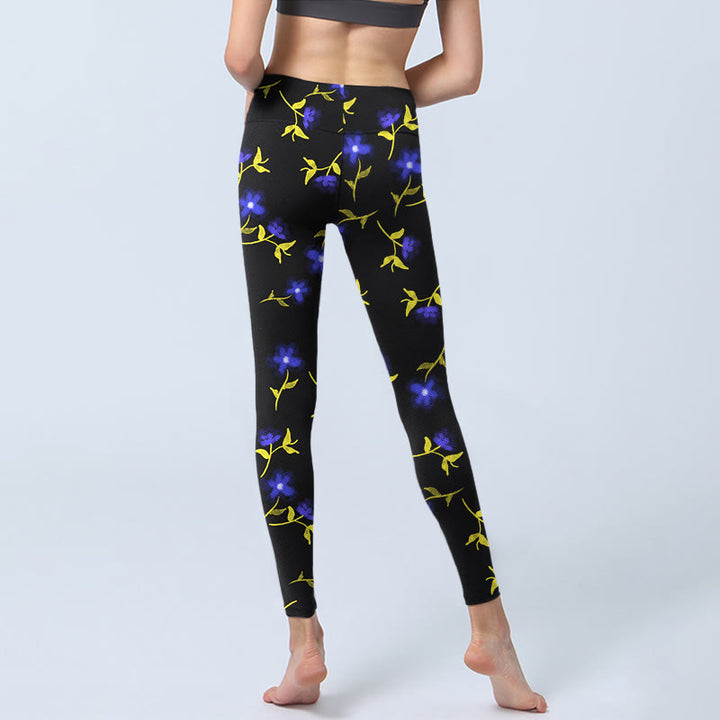 Buddha Stones Blue Flower Leaves Pattern Print Gym Leggings Women's Yoga Pants - image 6