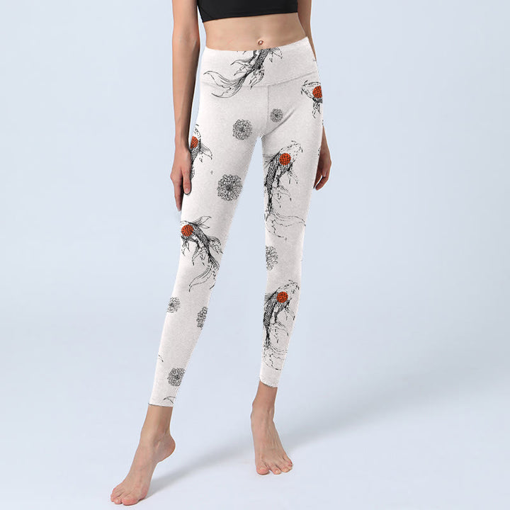 Buddha Stones Koi Fish Chrysanthemum Pattern Print Gym Leggings Women's Yoga Pants - image 6