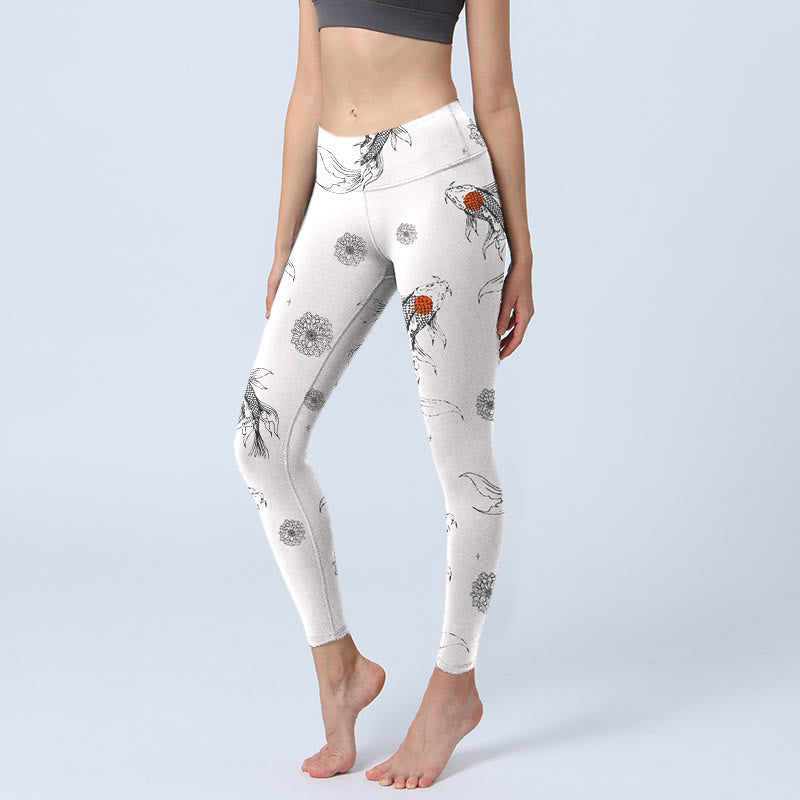 Buddha Stones Koi Fish Chrysanthemum Pattern Print Gym Leggings Women's Yoga Pants - GhostWhite - US18，UK/AU22，EU50 (4XL) - image 1