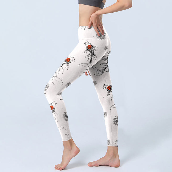 Buddha Stones Koi Fish Chrysanthemum Pattern Print Gym Leggings Women's Yoga Pants - image 3