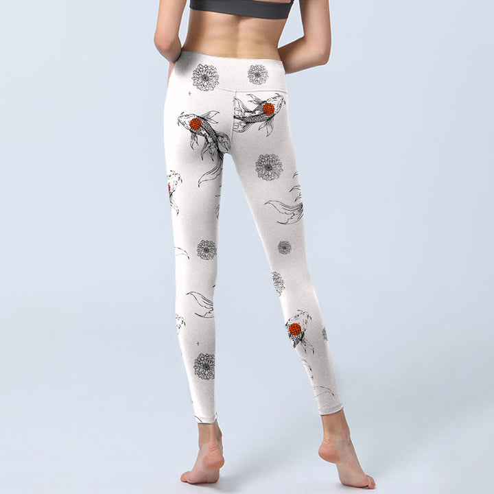 Buddha Stones Koi Fish Chrysanthemum Pattern Print Gym Leggings Women's Yoga Pants - image 7