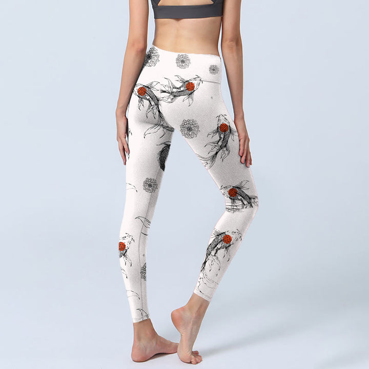 Buddha Stones Koi Fish Chrysanthemum Pattern Print Gym Leggings Women's Yoga Pants - image 4