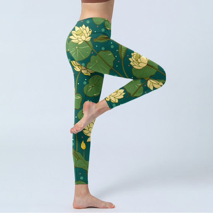 Buddha Stones Blooming Lotus Flower Lotus Leaves Pattern Print Gym Leggings Women's Yoga Pants - image 3
