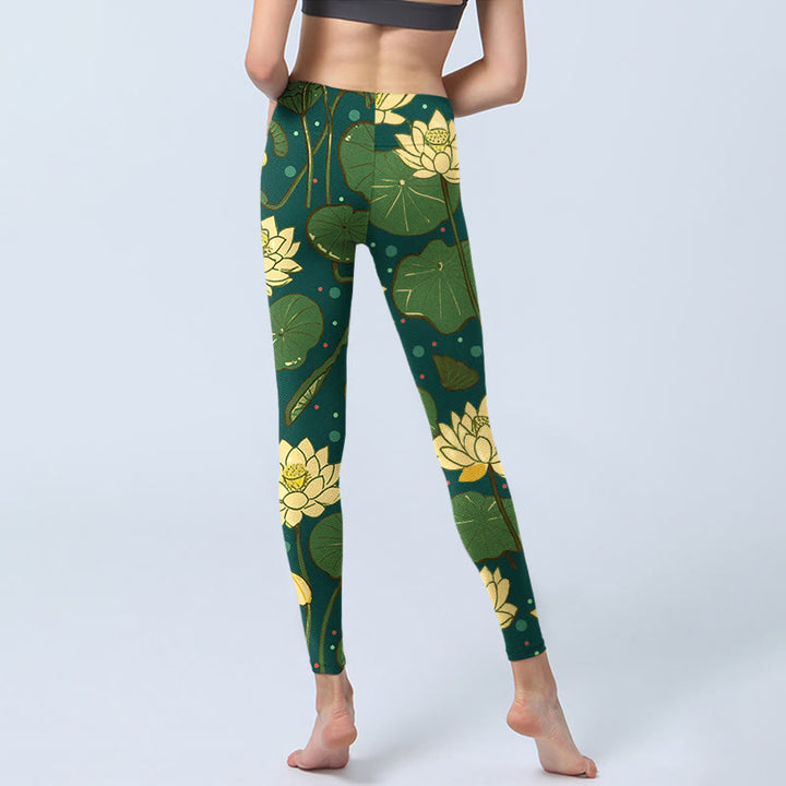 Buddha Stones Blooming Lotus Flower Lotus Leaves Pattern Print Gym Leggings Women's Yoga Pants - image 6