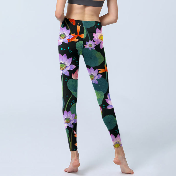 Buddha Stones Blooming Light Purple Lotus Flower Lotus Leaves Koi Fish Pattern Print Gym Leggings Women's Yoga Pants - image 6
