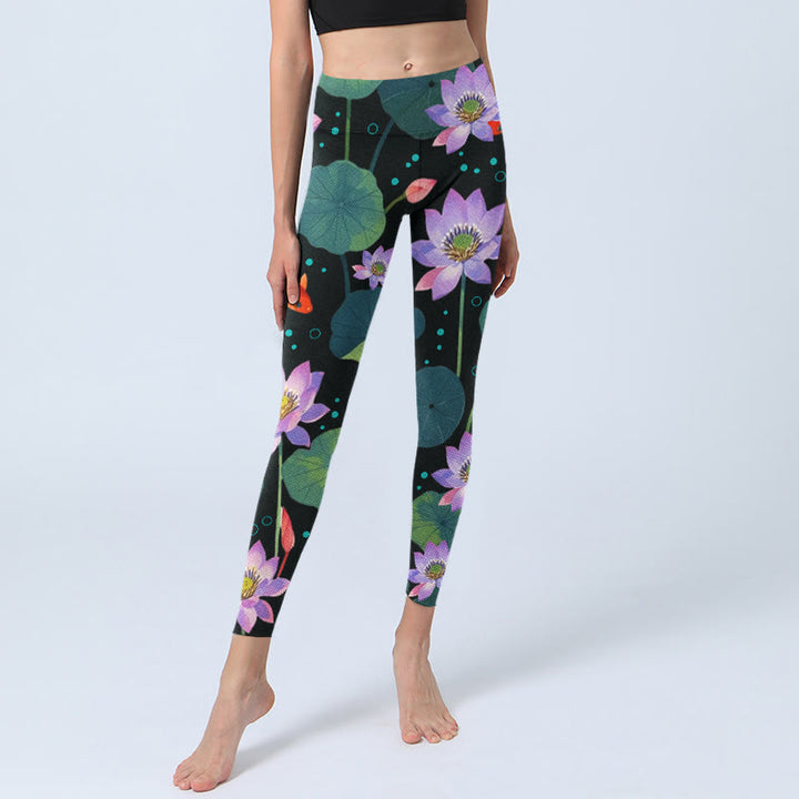 Buddha Stones Blooming Light Purple Lotus Flower Lotus Leaves Koi Fish Pattern Print Gym Leggings Women's Yoga Pants - image 5