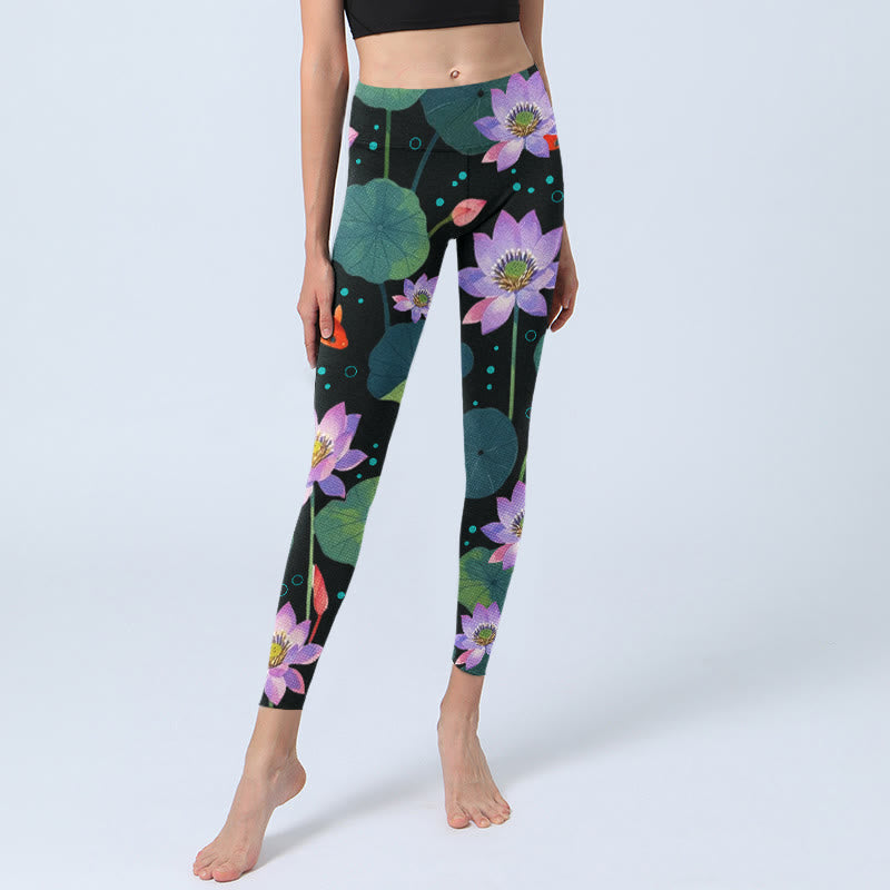 Buddha Stones Blooming Light Purple Lotus Flower Lotus Leaves Koi Fish Pattern Print Gym Leggings Women's Yoga Pants - image 6