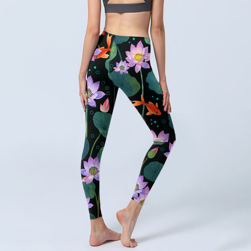 Buddha Stones Blooming Light Purple Lotus Flower Lotus Leaves Koi Fish Pattern Print Gym Leggings Women's Yoga Pants - image 4