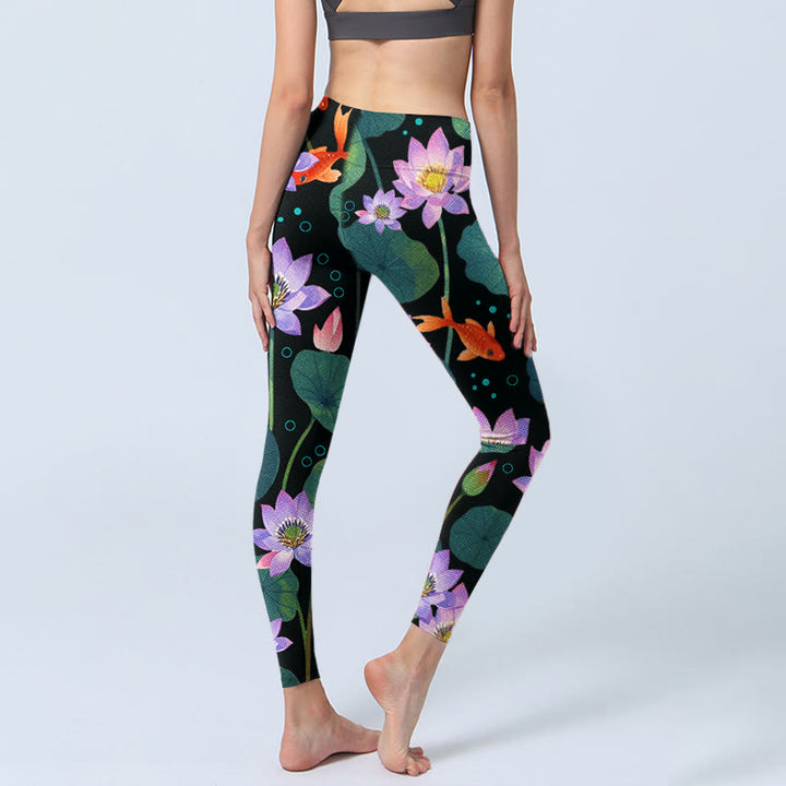 Buddha Stones Blooming Light Purple Lotus Flower Lotus Leaves Koi Fish Pattern Print Gym Leggings Women's Yoga Pants - image 4