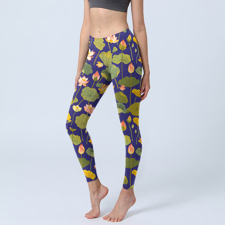 Buddha Stones Blooming Pink White Lotus Flower Lotus Leaves Pattern Print Gym Leggings Women's Yoga Pants - DarkBlue - US18，UK/AU22，EU50 (4XL) - image 0
