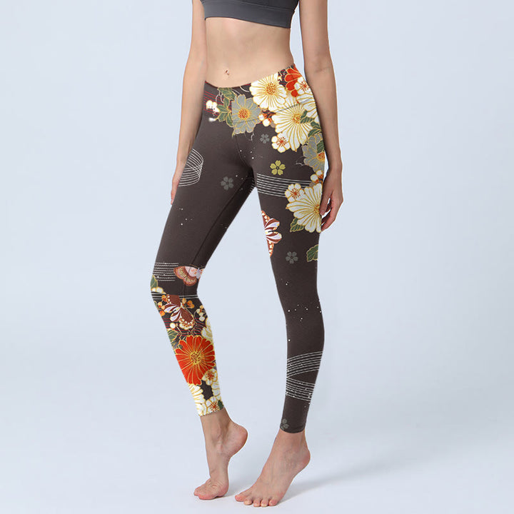 Buddha Stones Floral Butterfly Pattern Print Gym Leggings Women's Yoga Pants - SaddleBrown - US18，UK/AU22，EU50 (4XL) - image 0