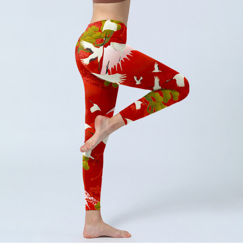 Buddha Stones Crane Mount Fuji Pine Tree Pattern Print Gym Leggings Women's Yoga Pants - image 4