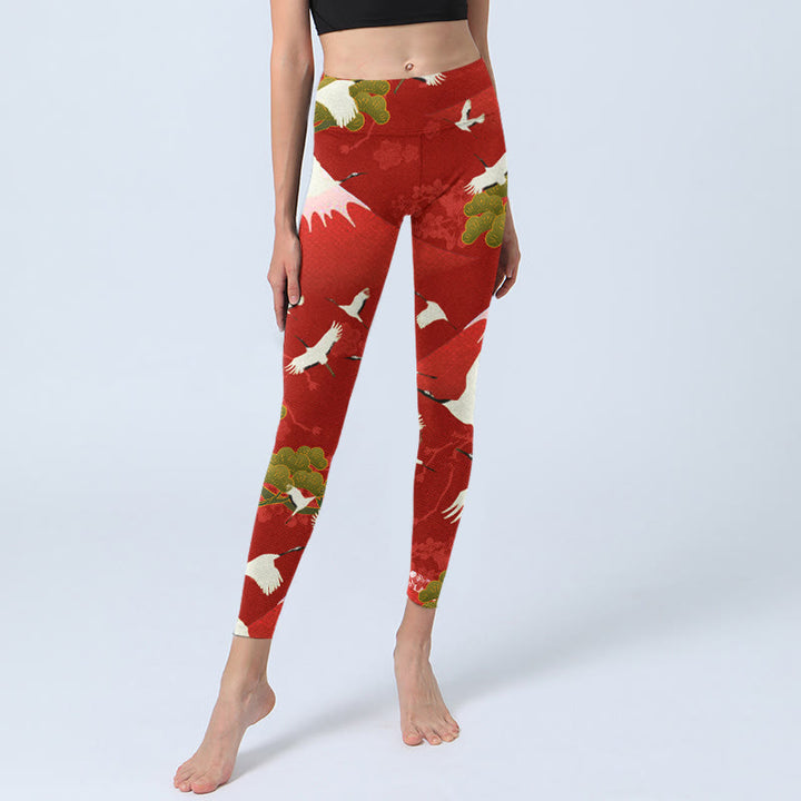Buddha Stones Crane Mount Fuji Pine Tree Pattern Print Gym Leggings Women's Yoga Pants - image 5