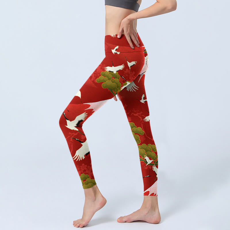 Buddha Stones Crane Mount Fuji Pine Tree Pattern Print Gym Leggings Women's Yoga Pants - image 2