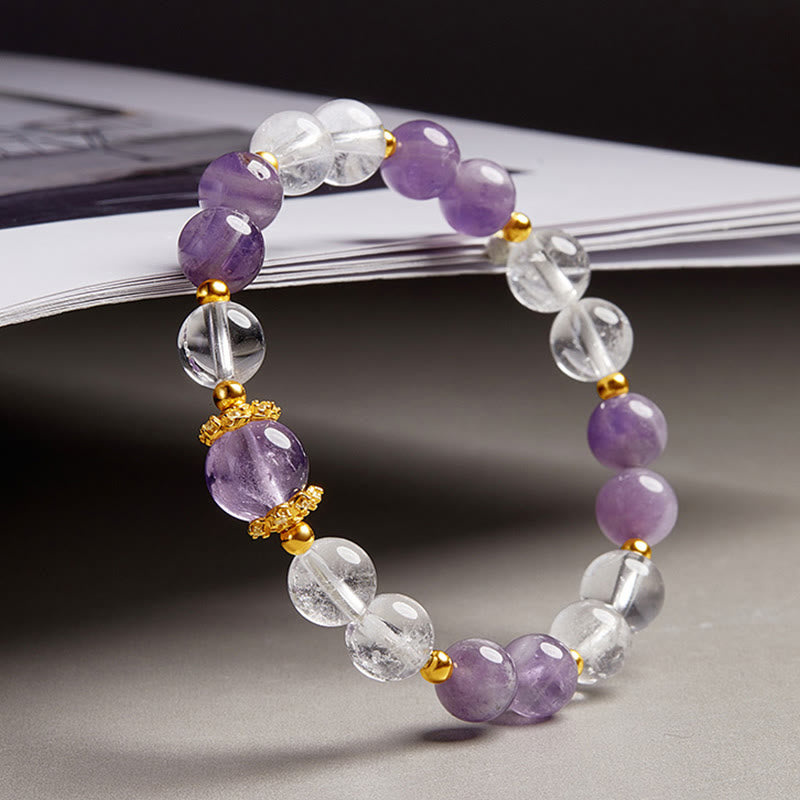 Buddha Stones 925 Sterling Silver Natural Amethyst White Crystal Balance Bracelet - image 2