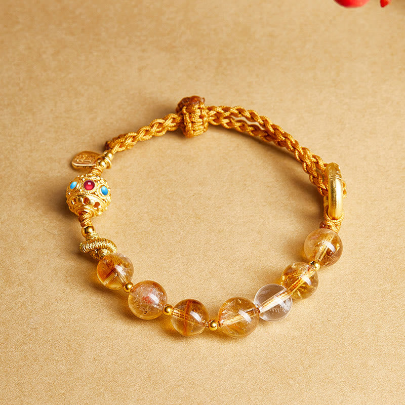 Buddha Stones 925 Sterling Silver Natural Citrine White Crystal Peace Buckle Meaning Fu Character Protection Braided String Bracelet - image 3
