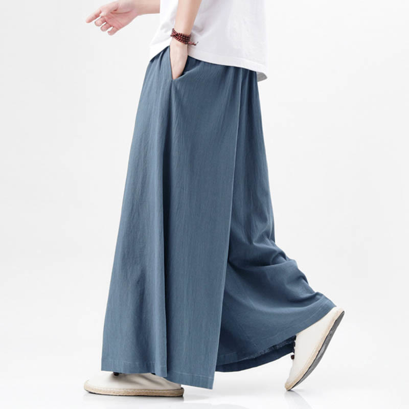 Buddha Stones Spring Casual Sports Drawstring Design Men's Cotton Linen Wide Leg Pants With Pockets - image 1