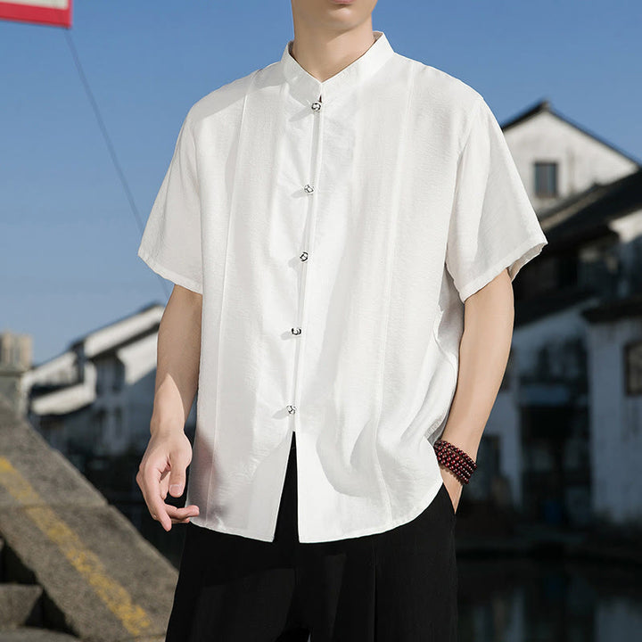 Buddha Stones Summer Solid Color Front Button Design Men's Half Sleeve Cotton Shirt - image 4