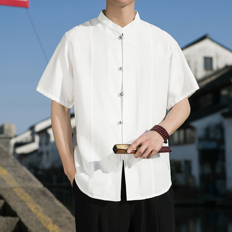 Buddha Stones Summer Solid Color Front Button Design Men's Half Sleeve Cotton Shirt - White - US/UK/AU42，EU52 (3XL) - image 1