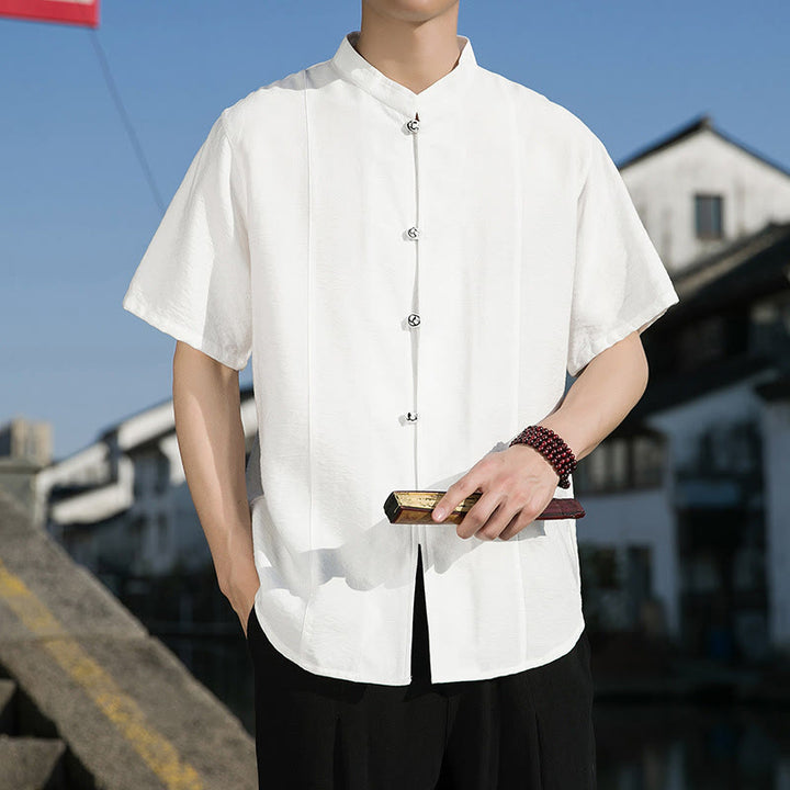 Buddha Stones Summer Solid Color Front Button Design Men's Half Sleeve Cotton Shirt - White - US/UK/AU42，EU52 (3XL) - image 1