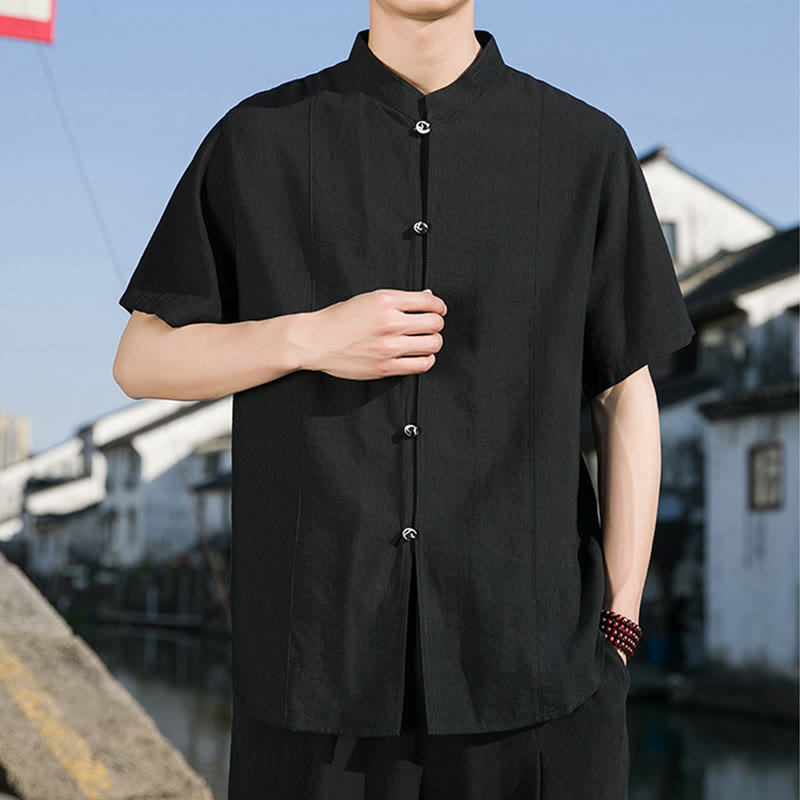 Buddha Stones Summer Solid Color Front Button Design Men's Half Sleeve Cotton Shirt - image 19