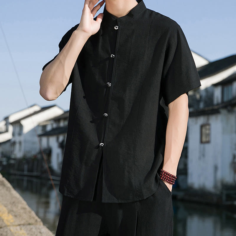 Buddha Stones Summer Solid Color Front Button Design Men's Half Sleeve Cotton Shirt - image 14