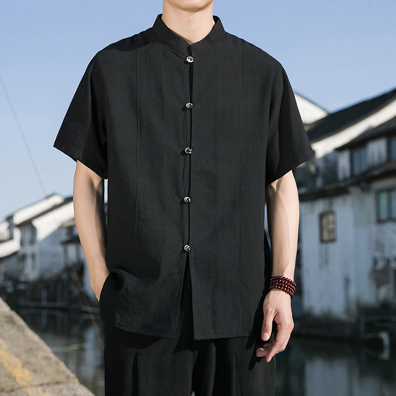 Buddha Stones Summer Solid Color Front Button Design Men's Half Sleeve Cotton Shirt - Black - US/UK/AU42，EU52 (3XL) - image 13