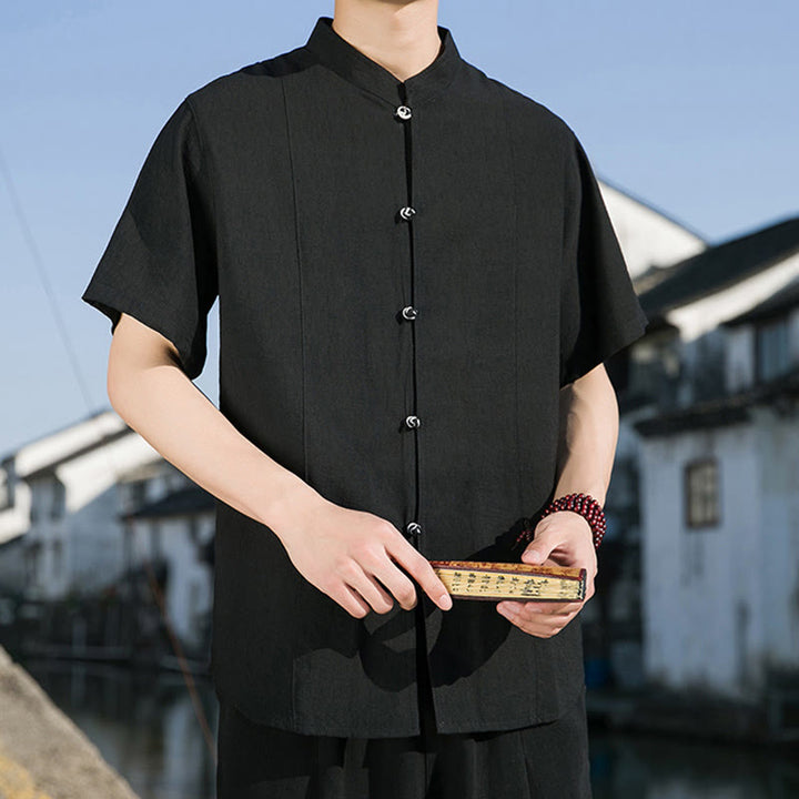 Buddha Stones Summer Solid Color Front Button Design Men's Half Sleeve Cotton Shirt - image 19