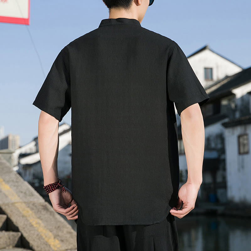 Buddha Stones Summer Solid Color Front Button Design Men's Half Sleeve Cotton Shirt - image 15