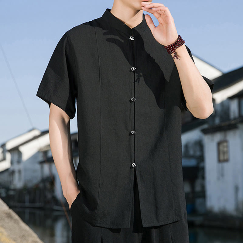 Buddha Stones Summer Solid Color Front Button Design Men's Half Sleeve Cotton Shirt - image 17