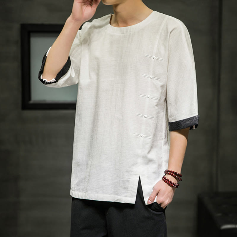 Buddha Stones Summer Retro Solid Color Patchwork Design Men's Three Quarter Sleeve Cotton Linen T-Shirt - image 25