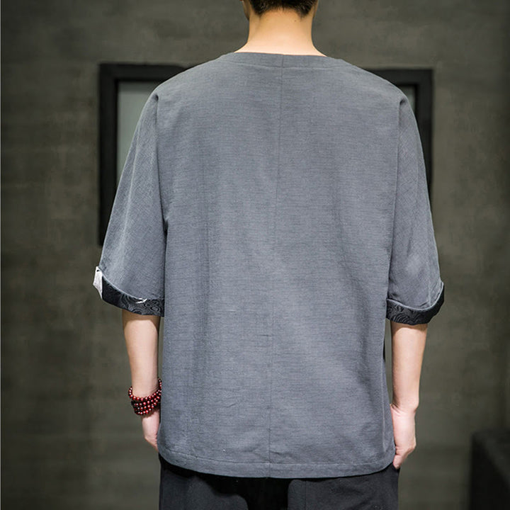 Buddha Stones Summer Retro Solid Color Patchwork Design Men's Three Quarter Sleeve Cotton Linen T-Shirt - image 17