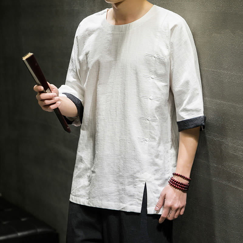 Buddha Stones Summer Retro Solid Color Patchwork Design Men's Three Quarter Sleeve Cotton Linen T-Shirt - image 27